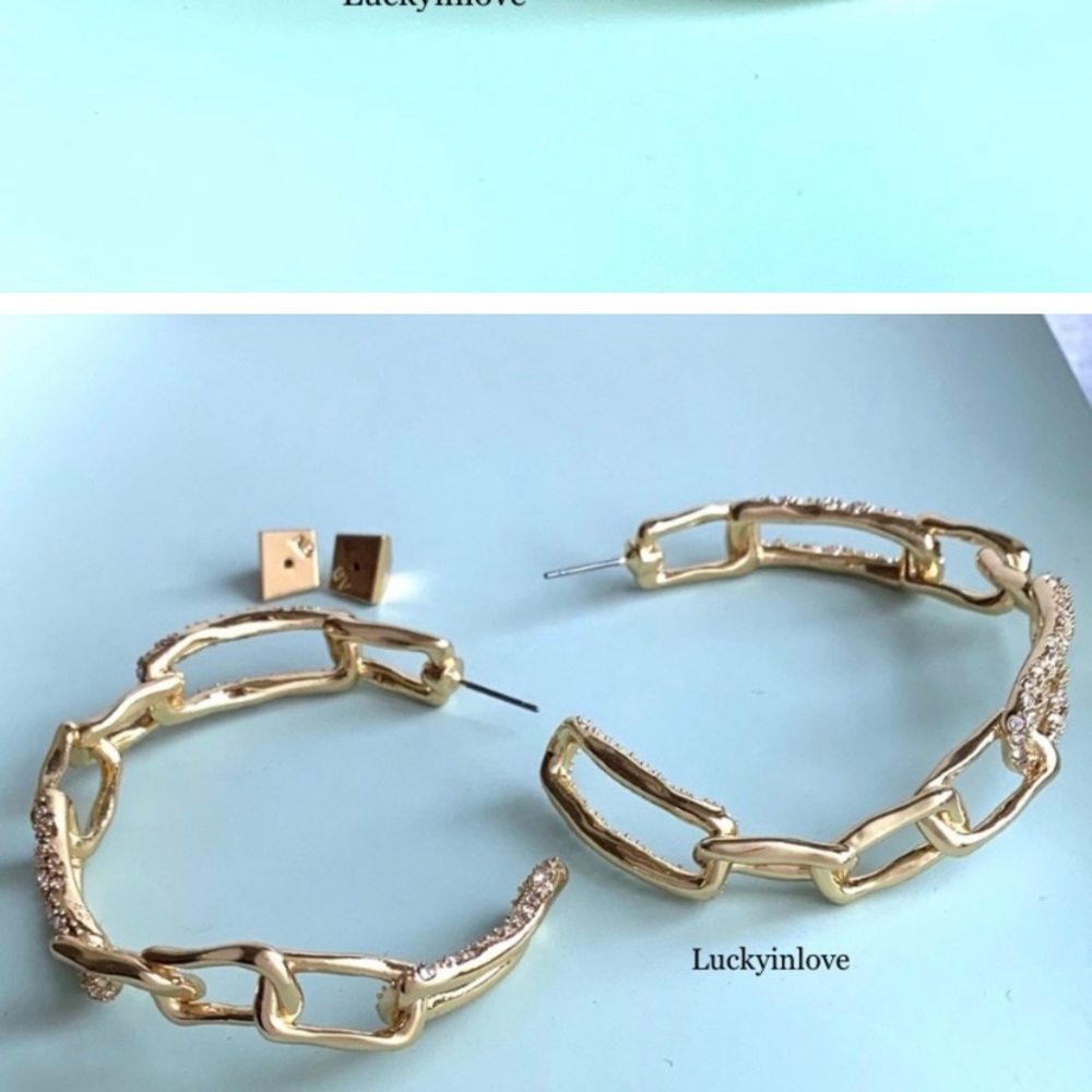 Alexis Bittar XL Golden Crystal Encrusted Textured Chain Link Hoop Post Earrings - Picture 6 of 16